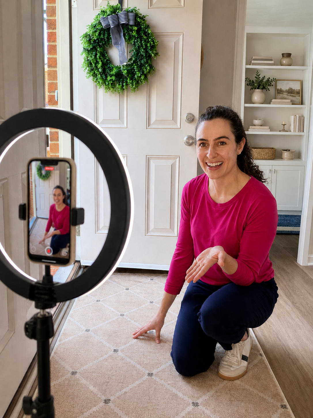 Phone on a ring light tripod ready to record an Amazon product review